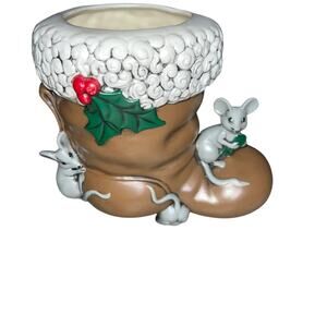 vintage ceramic christmas Santa boot shaped planter or vase with decorative mice